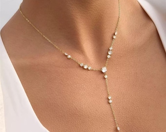 Förgyllt Y-halsband med kubisk zirkonia – Elegant Lariat-smycken med CZ-droppar