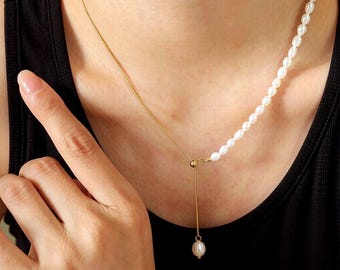 Freshwater Pearl Lariat Necklace – Gold Plated Chain, Adjustable Y-Drop, Minimalist Jewelry