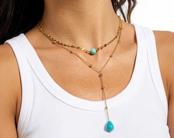 Collar en Y de turquesa chapado en oro de 18 quilates – Colgante de cuentas en capas, estilo boho chic