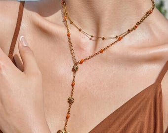 Gold Heart Locket Y-Chain Necklace – Layered Boho Chic Jewelry, Red Agate Beads