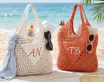 Gestickte benutzerdefinierte Initial Stroh Einkaufstasche, häkeln Mesh Strandtasche für Sommerferien Reisen
