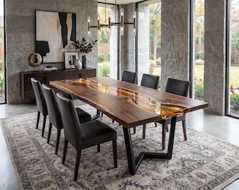 Luxury Epoxy River Dining Table, Live Edge Walnut Table, Amber Resin Wood Table, Handmade Modern Dining Table, Custom Sizes M L XL