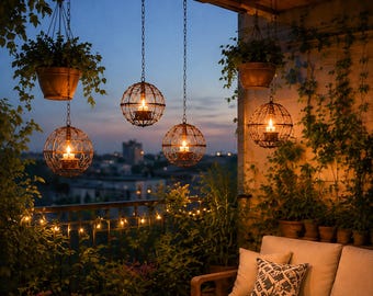 Lanternas de arame suspensas para exterior, luzes de vela aconchegantes para pátio e jardim, brilho rústico para casamento, globos suspensos para pérgola, luzes de cordão.
