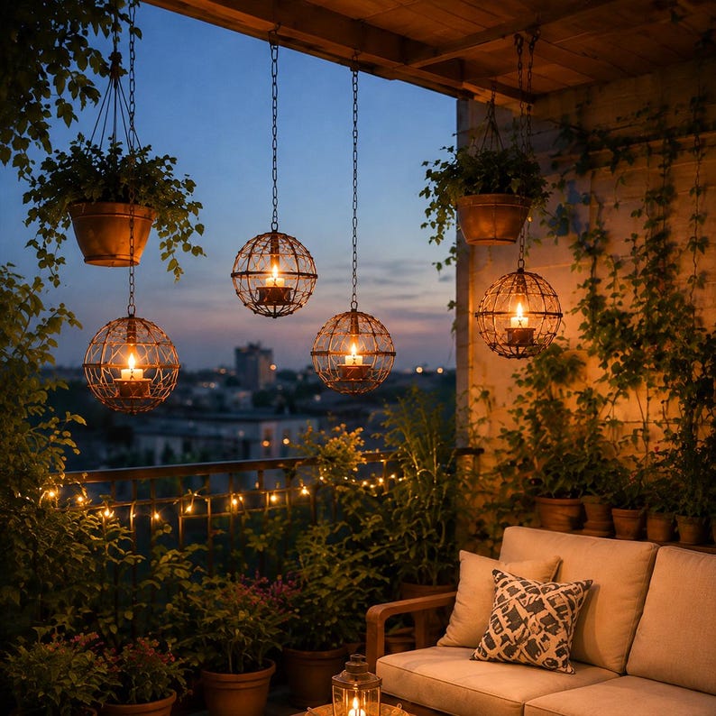May include: Outdoor scene featuring hanging globe lanterns with lit candles, suspended by chains. The lanterns are surrounded by lush greenery, including hanging plants and potted foliage. A sofa with decorative pillows and string lights add to the ambiance.
