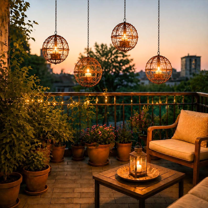 May include: Four hanging, spherical, metal lanterns with lit candles illuminate a balcony at dusk. The lanterns are suspended from chains. Potted plants and a wooden table with a lantern and candle create a cozy outdoor setting.