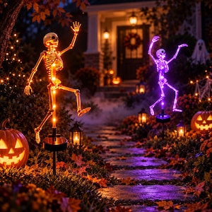 Könnte beinhalten: Zwei lebensgroße Skelett-Gartenstecker mit solarbetriebenen LED-Lichtern. Ein Skelett leuchtet in warmem Orange, während das andere ein lebhaftes violettes Licht ausstrahlt. Beide Figuren sind in dynamischen Tanzposen entlang eines Steinwegs aufgestellt.