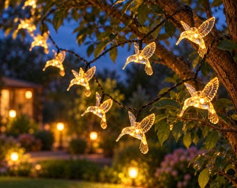Può includere: Una catena di luci LED decorative a forma di colibrì con corpi e ali traslucidi. Le luci emettono una calda tonalità gialla e sono sospese ai rami di un albero, creando una serie di figure di uccelli illuminate.