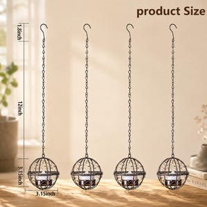 May include: Four hanging candle holders with a spherical cage design. Each holder is suspended by a chain and hook. The cages are 3.15 inches in diameter and 12 inches long, with a 1.8-inch hook. The text "product Size" is visible.