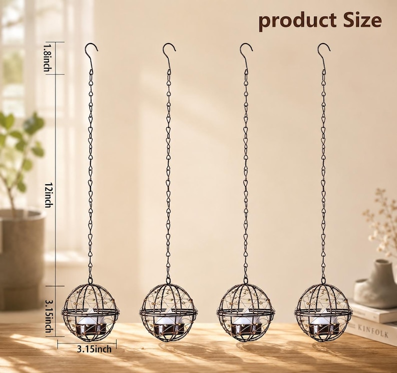 May include: Four hanging candle holders with a spherical cage design. Each holder is suspended by a chain and hook. The cages are 3.15 inches in diameter and 12 inches long, with a 1.8-inch hook. The text "product Size" is visible.