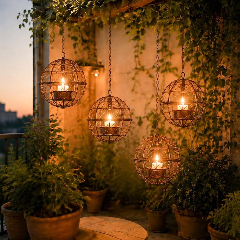 May include: Four spherical, hanging lanterns with lit candles inside. The lanterns are made of a metal cage design and are suspended by chains. The scene is set outdoors, with greenery and potted plants in the foreground, and a sunset in the background.