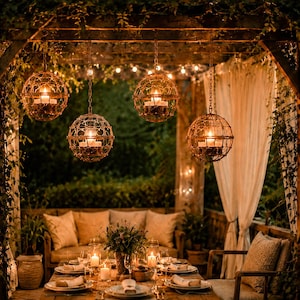 May include: Outdoor dining scene with hanging spherical candle holders. The holders are made of a woven metal material and suspended by chains. A wooden table is set with plates, candles, and flowers. The scene is illuminated by warm, soft light.