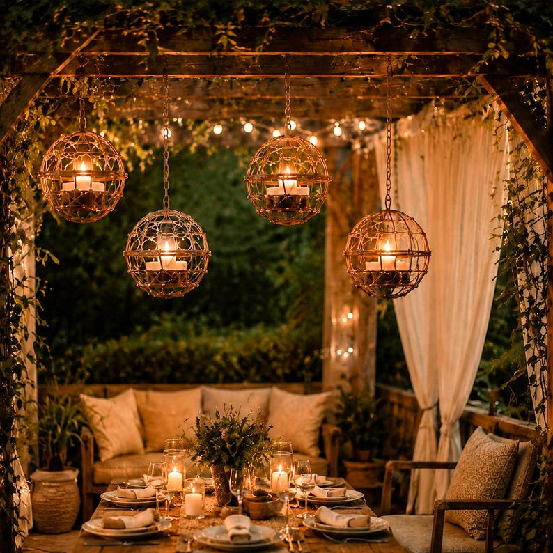 May include: Outdoor dining scene with hanging spherical candle holders. The holders are made of a woven metal material and suspended by chains. A wooden table is set with plates, candles, and flowers. The scene is illuminated by warm, soft light.
