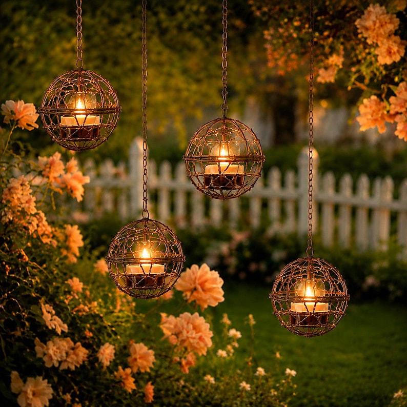 May include: Four hanging, spherical candle holders with a rustic, wireframe design. Each holder contains a lit candle, casting a warm glow. The candle holders are suspended from chains, creating a charming outdoor ambiance. The background features a garden with flowers and a white picket fence.