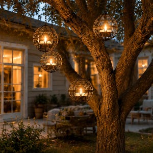 May include: Four spherical, metal candle lanterns hanging from chains on a tree branch. Each lantern has a candle inside, casting a warm glow. The tree's brown bark contrasts with the soft light, creating a cozy outdoor ambiance.