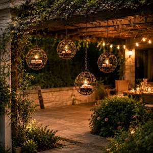 May include: Four spherical, metal candle holders hanging from chains on a wooden pergola. Each holder has a cage-like design and contains a lit candle. The scene is set outdoors with greenery and string lights, creating a warm, inviting ambiance.