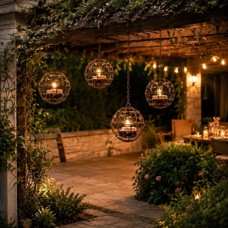 May include: Four spherical, metal candle holders hanging from chains on a wooden pergola. Each holder has a cage-like design and contains a lit candle. The scene is set outdoors with greenery and string lights, creating a warm, inviting ambiance.