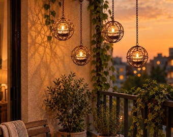 May include: Four spherical hanging lanterns made of dark brown woven wire, each containing a small lit candle. The lanterns are suspended by metal chains from an overhead wooden beam, casting warm light and shadows on the surrounding balcony.