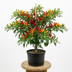 May include: A potted ornamental pepper plant with vibrant red, orange, and yellow peppers. The plant has green leaves and small white flowers. It is in a black plastic pot and supported by a wooden stake.