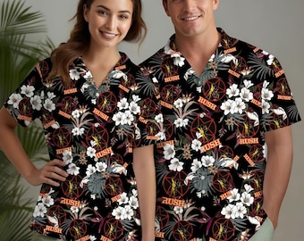Rush Hawaiian Shirt, Rock Fan Gift, Tropical Floral Button Down Shirt, Summer Concert Outfit, Music Lover Tee Men Women Unisex