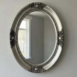 Antique Style Oval Baroque Wall Mirror | 50x70 cm Vintage Decorative Mirror with Silver Wood Frame & Hooks for Dressing Room, Elegant Home D
