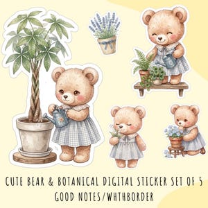 Kawaii Bear Botanical Stickers |Cute Plant Digital Sticker Set of 5 | GoodNotes Planner Stickers | Cozy Garden Aesthetic | With Border PNG