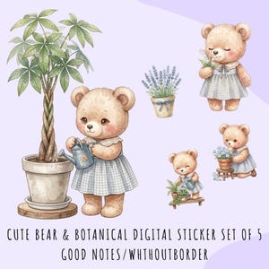 Cute Bear Botanical Digital Stickers | GoodNotes Stickers |Kawaii Teddy Bear Planner Stickers |No Border PNG | Plant Aesthetic |iPad Planner