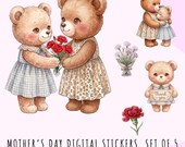 Mother’s Day Digital Stickers | Cute Bear Sticker Set of 5 | No Border PNG + GoodNotes File | Floral Teddy Bears | iPad Planner Stickers