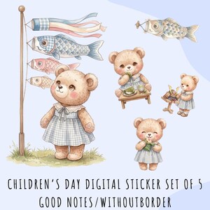 May include: A digital sticker set of 5 featuring watercolor illustrations of teddy bears and carp streamers. The bears are dressed in blue gingham dresses and are engaged in various activities. The text at the bottom reads "CHILDREN'S DAY DIGITAL STICKER SET OF 5 GOOD NOTES/WITHOUTBORDER."