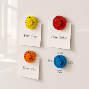 Peut inclure: Quatre cadrans magnétiques colorés avec des notes autocollantes. Les cadrans sont jaunes, rouges, oranges et bleus. Les notes indiquent "Exam Prep", "Clean Kitchen", "Project Plan" et "done" avec des pourcentages.