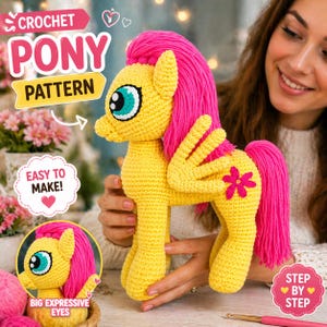 May include: A crocheted yellow pony with a pink mane and tail, and large expressive eyes. The pony has pink wings and a pink flower on its side. The image includes text that says "CROCHET PONY PATTERN" and "EASY TO MAKE!"