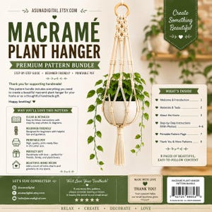 May include: A macramé plant hanger pattern bundle with a white plant pot and green plant. The image includes text that says "Macramé Plant Hanger Premium Pattern Bundle" and "Create Something Beautiful".
