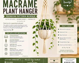 Patroon macramé plantenhanger pdf | Zelfstudie boho-hangende plantenbak | Gids voor beginnersvriendelijke knopen | Afdrukbare ambachtelijke sjabloon |