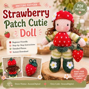 May include: A knitted Strawberry Patch Cutie Doll, featuring a red strawberry-shaped dress and hat, green and white striped sleeves and legs, and a matching strawberry accessory. The doll has brown yarn hair and a white flower accent. The image includes the text "KNITTING PATTERN".