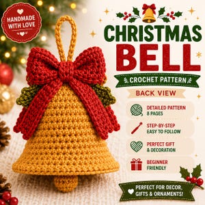 Julklocka Virkmönsterpaket | Amigurumi Julgransprydnad PDF | Nybörjarvänlig handledning för handgjord juldekoration | 8 digitala sidor