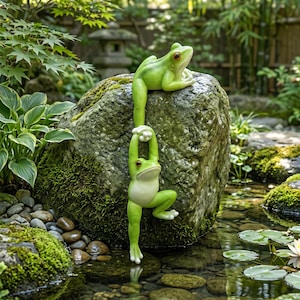 May include: Two green frog ornaments on a moss-covered rock in a garden. One frog sits on top, the other hangs below, holding on. The scene includes water, lily pads, and lush greenery, creating a tranquil garden scene.