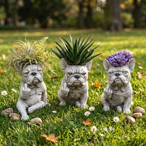 May include: Three gray French bulldog planters, each featuring a sculpted figure with a grumpy expression and one paw raised in a middle finger gesture. The dogs hold a spiky air plant, a green succulent, and a purple succulent respectively.