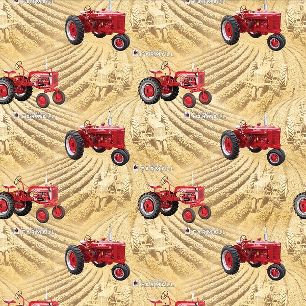 Farmall and IH Tractor Fabric, Tractors on a Tan Background