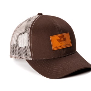 Massey Ferguson Logo Hat, Leather Emblem, Brown Mesh