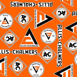 May include: A seamless pattern featuring the Allis-Chalmers logo in various styles. The logo includes a black triangle with a white letter A inside, a circle with the text "Allis-Chalmers" and a diamond shape with the text "AC" inside. The background is orange.