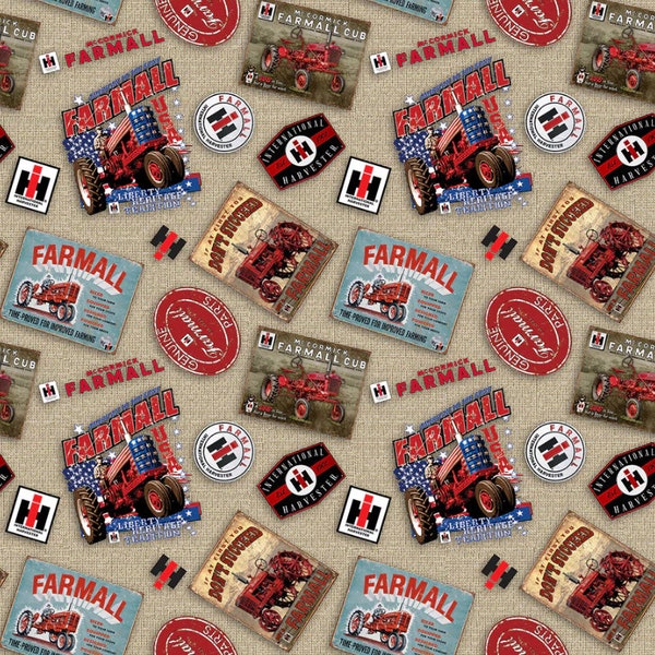 Farmall IH Tractor Fabric, Tossed Farmall Logos, Burlap