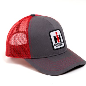 International Harvester IH Logo Hat, Charcoal Gray with Red Mesh Back
