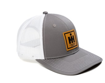 Youth Size International Harvester IH Logo Hat with Leather Emblem, Gray with White Mesh Back