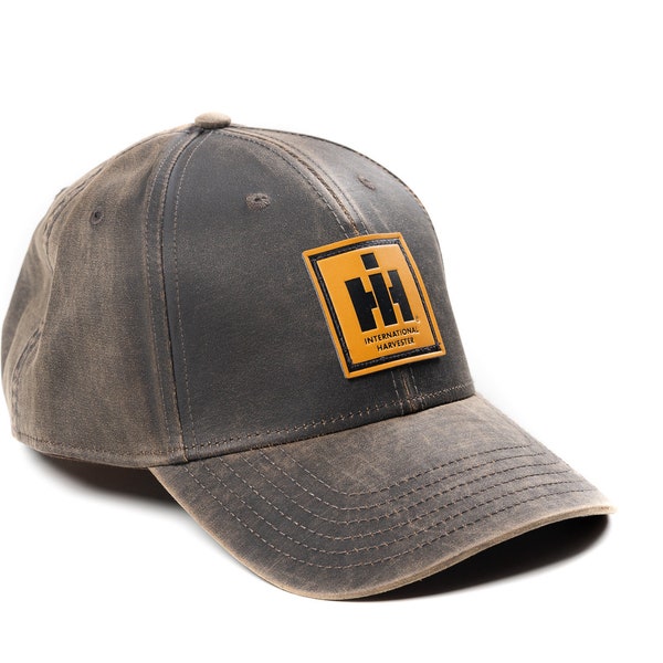 IH International Harvester Logo Hat, Leather Emblem, Oil Distressed