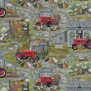 Farmall IH Tractor Fabric, Farmall Farm Scene All-Over Print, Tractors, Chickens, Daisies, Barns