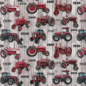 May include: A repeating pattern of red and white tractors on a light gray wooden background. The tractors are of various models and years, with the years 1920, 1930, 1940, 1950, 1960, 1970, 1980, 2014, and 2020 visible.