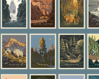Tissu Parcs nationaux, impression de carte postale sur fond bleu, vendu au mètre