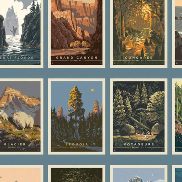 National Parks Fabric, Postcard Print on Blue Background, Sold by the Yard