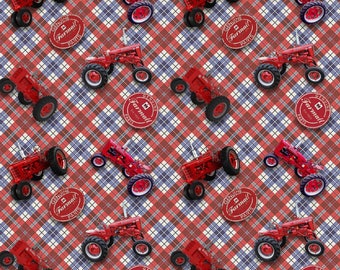Tela para tractor Farmall IH, estampado de tractor sobre fondo a cuadros