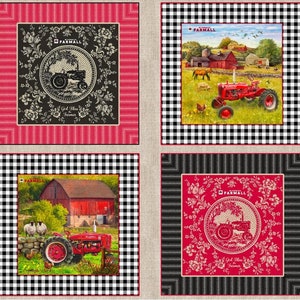 Farmall and IH Tractor Fabric, Gingham/Burlap Tractor Pillow Panel