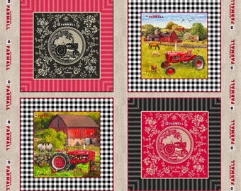 Farmall and IH Tractor Fabric, Gingham/Burlap Tractor Pillow Panel